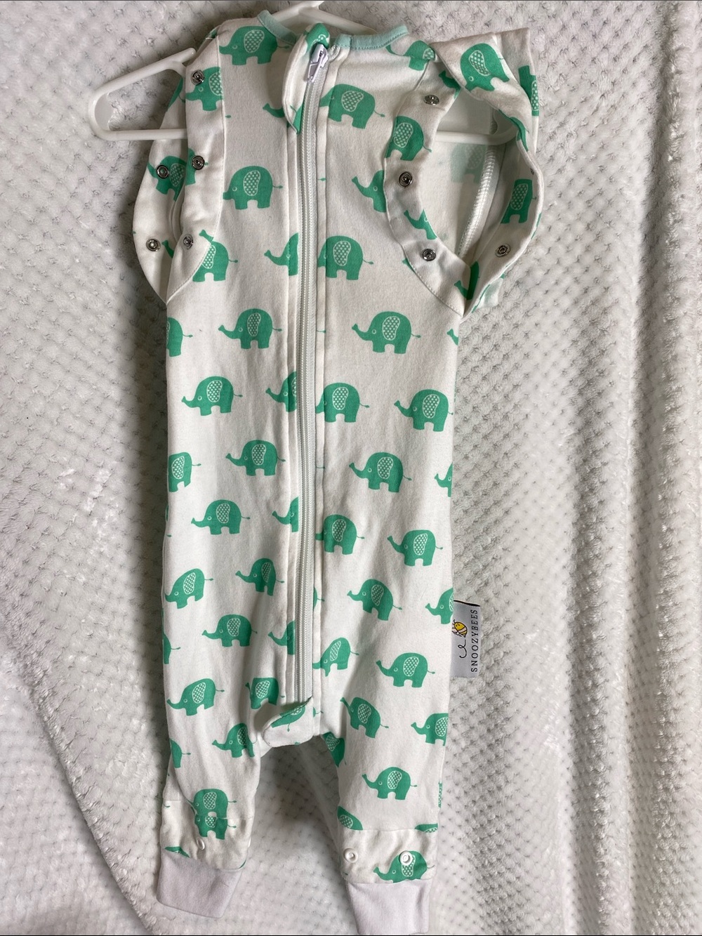 SnoozyBees White Baby One Piece with Mint Green Elephant Print